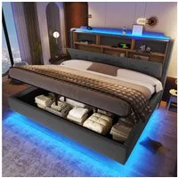 Merax Polsterbett 180x200cm mit hydraulischem Bettkasten, LED-Beleuchtung & USB & Typ-C (1-tlg), Doppelbett mit Kopfteil-Stauraum & schwebendem Design, Leinenstoff