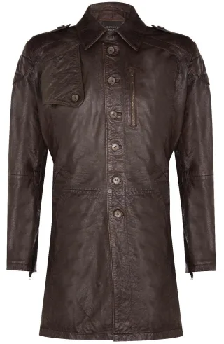 Weicher, langer Militär-Trenchcoat aus Distressed-Leder