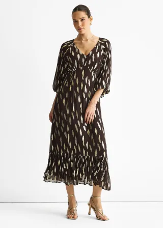 Schokoladenfarbenes Viskosekleid mit Ballonärmeln und Clipverschluss