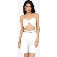 Imily Bela Hausanzug Damen 2-teiliges Freizeit-Set mit Leinen-Optik und Perlen-Trägern (Set, 2 tlg., Trägertop + Shorts) Eingrifftaschen