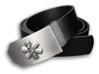 Ledergürtel Classic mit Rettungsdienst-Emblem | Feuerwehrstore | Länge: 92,5 - 127,5 cm | schwarz | Metallschnalle | Star of Life | Größenverstellbar 100cm (92