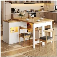 Flieks Kücheninsel mit 360° drehbarer und klappbarer Arbeitstisch, LED-Beleuchtung, (Holzoptik Tischplatte Tiefe 40-80cm, Längenverstellbar 120-197cm), ausziehbar Esstisch & Mehrzweckschrank, verstellbar Glaseinlegeböden
