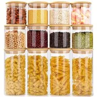 Simloveve Vorratsglas Vorratsgläser mit Deckel, 12er Set Vorratsdosen Glas, (12-tlg), mit Bambusdeckel, für Kaffeebohnen, Nüsse, Nudeln & Pasta