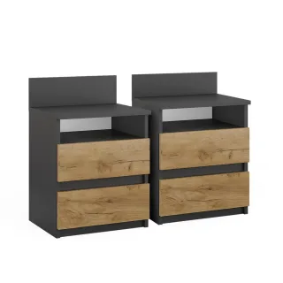 Vicco Nachttisch, Anthrazit, Honigeiche, Holzwerkstoff, 4 Fächer, 2 Schubladen, Rechteckig,Rechteckig, 39.6x59.1x32.3 cm, Schlafzimmer, Nachttische