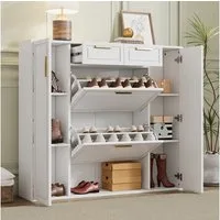 Odikalo Schuhschrank Schuhkommode Klappschuhschrank mit Schubladen B120/D24/H107CM Weiß