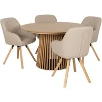 MR.DEKO Esstisch Diningsessel-Set 4x Stuhl Matera beige & Tisch Oria Eiche 120x75 cm (5-teiliges Essgruppe-Set mit 4 Sesseln & Eichentisch, 5-St), 4 drehbare Sessel in Beige & runder Tisch aus Natureiche