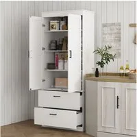 HOMCOM Hochschrank mit verstellbaren Regalen, 2 Schubladen (Küchenbuffet, 1-St., Küchenschrank) für Esszimmer, Wohnzimmer, 75 x 39 x 178 cm, Cremeweiß