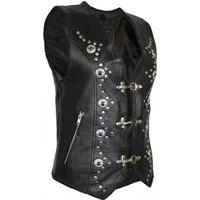 MDM Motorradweste Damen Lederweste Schwarz Bikerstil mit Nieten Conchos Schnallen