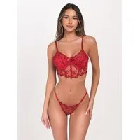 Elegant Love Set: Longline-BH Dessous set aus Stickereispitze: Bügel-BH mit passendem Slip (Set, 2-tlg., mit String) romantische Reizwäsche, elegantes Lingerie-Set, floraler Unterwäsche