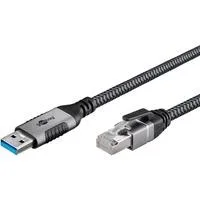 Ethernet-Kabel USB-A 3.2 Gen1 Stecker > RJ-45 Stecker, LAN-Adapter schwarz/silber, 10 Meter, geflochtener Textilmantel