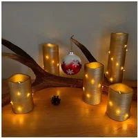 Online-Fuchs LED-Kerze 5er Set große Metallic LED-Kerzen mit Lichterkette umwickelt und Timer (warmweiße Beleuchtung, Rot, Blau, Salbei, Champagner & Berry), inkl. 6-Stunden Timerfunktion - realistische Acrylflamme