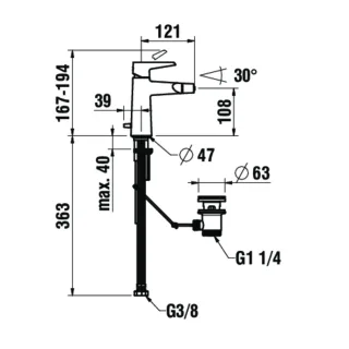 LAUFEN Waschtischarmatur hohe Ausführung PURE Festauslauf Ausladung 190 mm Höhe: 302 mm ohne Ablvent HF901714423000