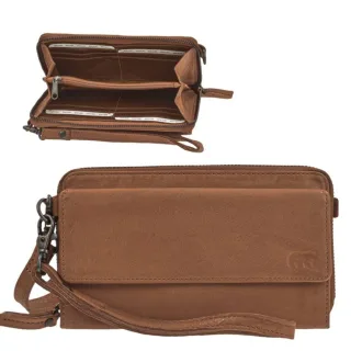 Handy-Geldbörse 12 Kartenfächer Leder cognac 20x10,5cm | Bear Design Lilian. Hochwertige Lederbörse mit 165cm Gurt für mehr Flexibilität im Alltag.