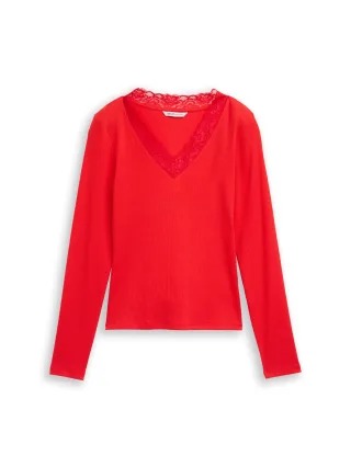 Denim Tom Tailor - Langarmshirt mit Spitze brilliant red - Gr. - M