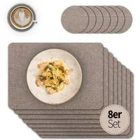 matches21 HOME & HOBBY Platzset Tischsets mit Glasuntersetzer 8er Set Braun Leinen Stoff-Optik, (8-St), Abwaschbare hitzebeständige PVC Platzsets