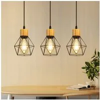 Nettlife Pendelleuchte Vintage Schwarz 3flammig Industrielle Eleganz aus Metall Holz E27, ohne Leuchtmittel, für Wohnzimmer Esszimmer Küche Schlafzimmer in Restaurants und Cafés