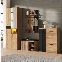STILVORA Garderoben-Set mit Sitzbank,4er-Set Garderobenset Wandgarderoben mit Schuhschrank, (Garderobenset Wandgarderobe – Praktisches Design in Naturholzfarbe und Schwarz, 4-St., B215/D36/H190 cm)