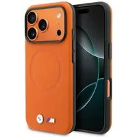 BMW Handyhülle Case iPhone 17 Pro Max MagSafe Kunstleder orange Logo Metall 6,9 Zoll, Kantenschutz