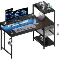 HOMALL Gamingtisch Schreibtisch mit LED-Beleuchtung und Tischplatte aus Karbonfaser (Maße: 120/140 cm, mit einer Schublade, einer Steckdose, einer Monitorhalterung und einer Kopfhörerhalterung, wobei die Halterungen sowohl links als auch rechts angeb