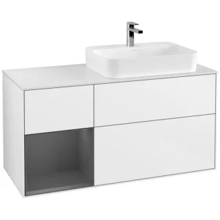 Villeroy und Boch Finion Waschtischunterschrank F391GKGF 120cm, Abdeckplatte white matt, Regal links Anthracite matt, Glossy white lacquer