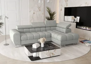Ecksofa Schlafsofa BASTIEN in Stoff Aragon Hellgrau Ottomane Rechts