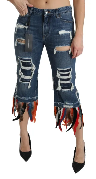 Dolce & Gabbana - Kurze, tief sitzende Baumwolljeans mit blauem Federmuster für Damen