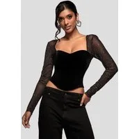 Goddiva Langarmbluse Diamante Long Sleeve Velvet Dipped Hem Top Mesh sleeve Top
