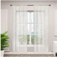 Woltu Gardine (2 St), halbtransparent, transparent Stickerei mit Kräuselband Leinen Optik
