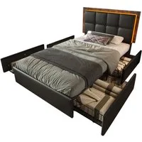 Flieks Polsterbett, LED Einzelbett 90x200cm mit hochstellbarem Kopfteil und 4 Schubladen