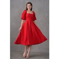 WOMAN VISION Abendkleid Trägerloses, kurzärmeliges, ausgestelltes Midikleid mit Ausschnitt