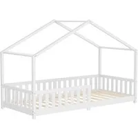 ML-DESIGN Spielbett Hausbett Kinderbett inkl. Lattenrost & Rausfallschutz Kinder Bodenbett, Abenteuerbett 90x200cm Haus Bett Himmelbett Kiefer Jugendbett Weiß