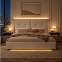 Simurq Polsterbett Stauraumbett mit LED Beleuchtung und Weiches Kopfteil (Packung, 1-tlg., Samt Doppelbett mit hydraulischem Stauraum), Jugendbett 140x200cm, max. belastbarkeit 350kg