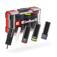 Einhell Bohrer- und Bit-Set Original Einhell Impact Stecknuss-Set 5-tlg. (3x 80-mm-Stecknüsse, CrM, (3x 80-mm-Stecknüsse (17 / 19 / 21 mm, manganphosphatierter CrMo-Stahl, Kunststoffhülse), 1x Profiltiefenmesser (0 bis 35 mm, Kunststoff), 1x Reifenkr