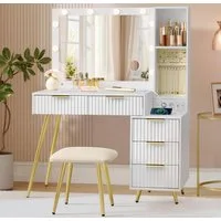 VASAGLE Schminktisch Frisiertisch mit Schubladen, Hocker, LED-Leuchten (Set, 1 Tisch mit 1 Hocker), Kosmetiktisch, 10x Vergrößerungsspiegel, Schmucktablett, Ladestation