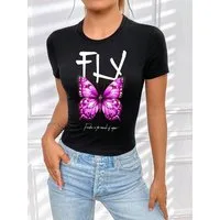 RMK T-Shirt Damen Shirt kurzarm Rundhalsausschnitt Butterfly 100% Baumwolle
