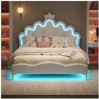Simurq Kinderbett Mädchenbett 140x190 cm mit LED Verstellbares-Kopfteil in Kronenform (Versand in 2 Paketen, Jugendbett Gästebett für kinder/Erwachsenen,ohne Matratze), Prinzessin Bett, Polsterbett Bettgestell mit Lattenrost,PU-Leder
