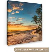 OneMillionCanvasses® Leinwandbild Strand - Sonnenuntergang - Meer - Palme, Fotodruck (1 St), Wandbild, Deko Schlafzimmer Wohnzimmer Flur 20x20 cm