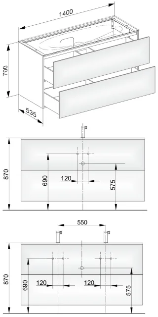 Keuco Waschtischunterschrank Edition 11 31362, 2 Front-Auszüge, B: 1400, H: 700, T: 535 mm 31362110000