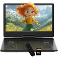 TWUFY 15,7" Tragbarer DVD-Player mit 14,1" HD-Schwenkdisplay Portabler DVD-Player (6 Stunden Wiederaufladbare Batterie, Unterstützung für USB/TF-Karte/AV-Übertragung, Sync TV/Projektor Bildschirm, Unterstützt Mehrere Formate/SD/USB, TV/Beamer-Anschlu