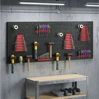 HOMCOM Lochwand Schüttenregal, Ablageböden, Sichtlagerkästen, Werkstattregal, 4 Stk., mit 22 Haken, (Lagersystem, 38-tlg., Wandregal), 60 x 40 x 2 cm Schwarz+Rot