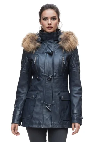 Damen-Parka mit Steppjacke aus Lammleder und Pelzkapuze in Marineblau – Duchess