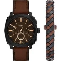 Fossil Chronograph Machine FS6102SET, (Set, 2-tlg., mit Armband), Quarzuhr, Armbanduhr, Herrenuhr, Lederarmband, Ideal auch als Geschenk