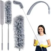 Ruhhy Staubwischer Teleskop Staubbürste Mikrofaser mit ausziehbarem Edelstahlstiel (Staubwischer-Set mit ausziehbarem Stiel und Mikrofaser-Aufsätzen, Reinigungsbürste mit Teleskopstiel und zwei wechselbaren Bürsten), Teleskopbürste 250 cm, 2 Bürstenk