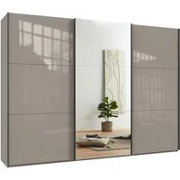 luma-home Schwebetürenschrank 22040 (3-türiger Kleiderschrank B300/H216/T65 cm mit Vollausstattung als optimale Stauraumlösung) Sand Grau mit Glasfront, Spiegeltür und schwarzen Griffleisten