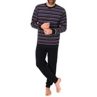 Normann Pyjama Langer Herren Frottee Schlafanzug mit Bündchen Streifenoptik