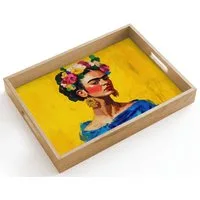 OnlyWow Tablett Rechteckig mit Henkel Frida Kahlo - Frau - Gelb - Blau - Blumen, Eichenholz, (1-tlg), Siervierplatte, Tray, Frühstücksbrett