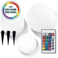 EASYmaxx LED Solarleuchte LED Solarleuchte mit Fernbedienung - 3 kaltweiße Leuchten Solarbetrieb, 20/25/30 cm, mit Farbwechsel - dimmbare Helligkeitsstufen, 12 Farben, 5 Leuchtmodi