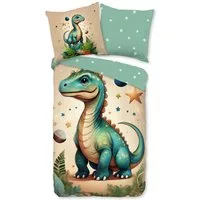JACK Kinderbettwäsche 135x200cm, Dinosaurier Sterne Grün, Flanell, 2 teilig, mit beeindruckendem Dinosaurier im Sternenstaub