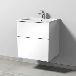 Sanipa 3way Waschtischunterbau zu Geberit Renova Plan Slim Waschtisch mit 2 Auszügen, Weiß-Glanz SF68578
