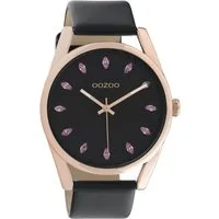 OOZOO Quarzuhr Damenuhr C10819 Rosé Cubic Zirkonia Lederband Schwarz 42 mm